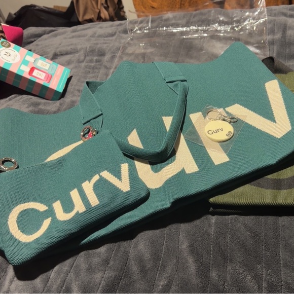 Handbags - CURVES Teal Knit Logo Tote with Matching Pouch